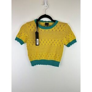 NWT PINKO Teal and Mustard Knit Short Sleeve Sweater Top XS